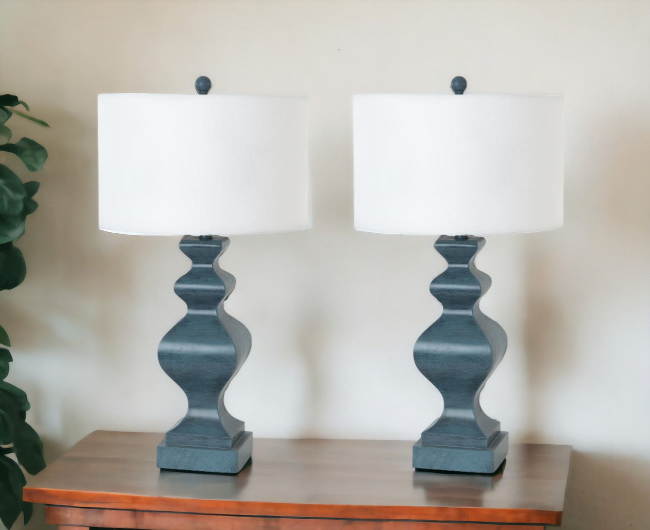 Set of Two Distressed Teal Table Lamps With White Drum Shade By Homeroots | Table Lamps | Modishstore - 6