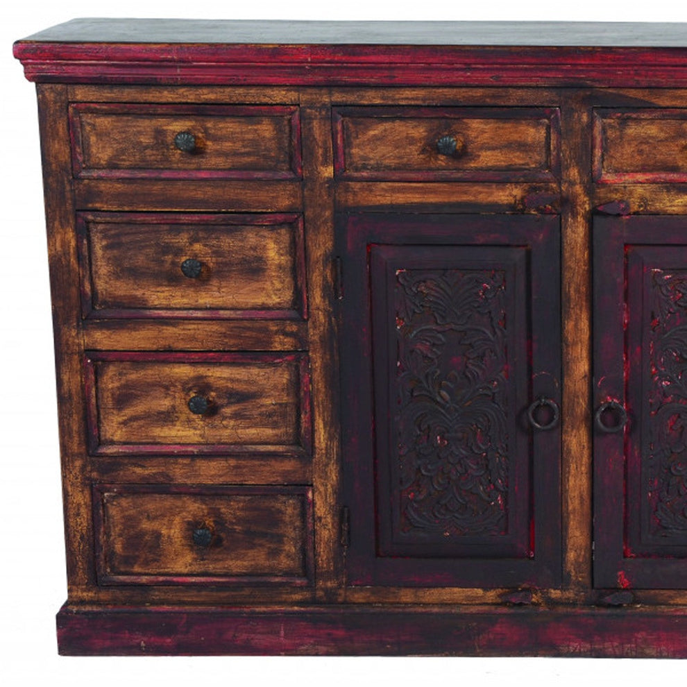 Brown Solid Wood Ten Drawer Buffet Table with Two Doors By Homeroots | Sideboards | Modishstore - 4