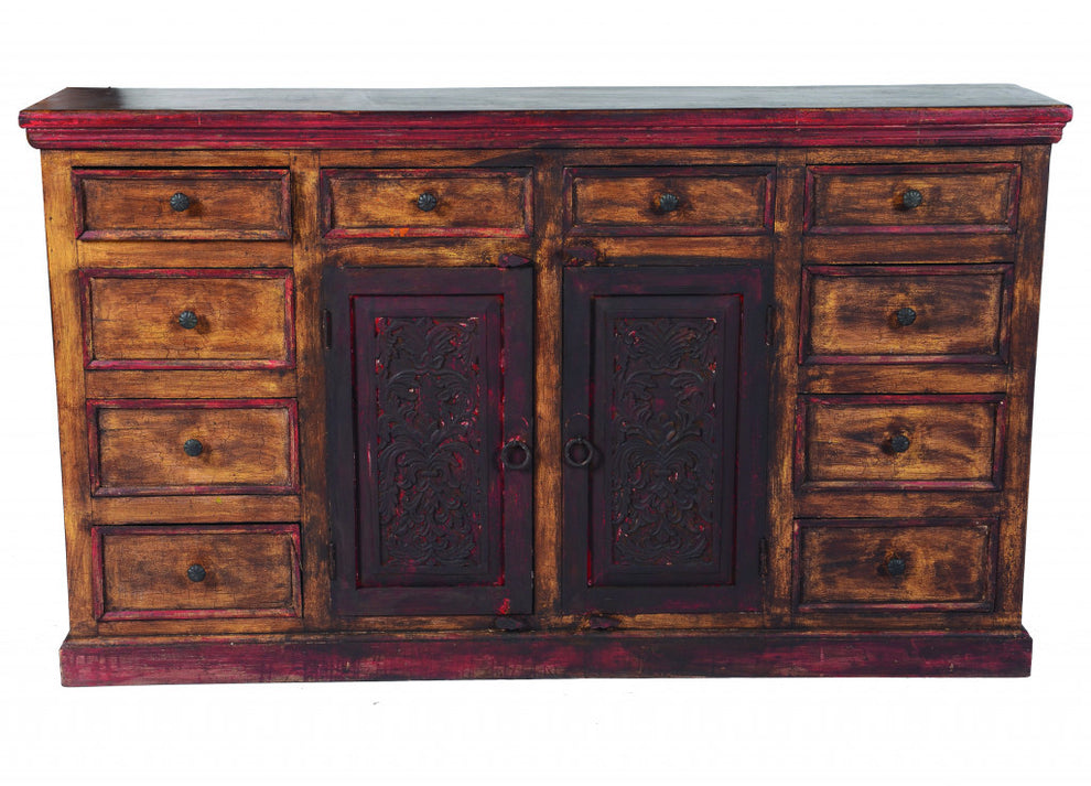 Brown Solid Wood Ten Drawer Buffet Table with Two Doors By Homeroots | Sideboards | Modishstore - 2
