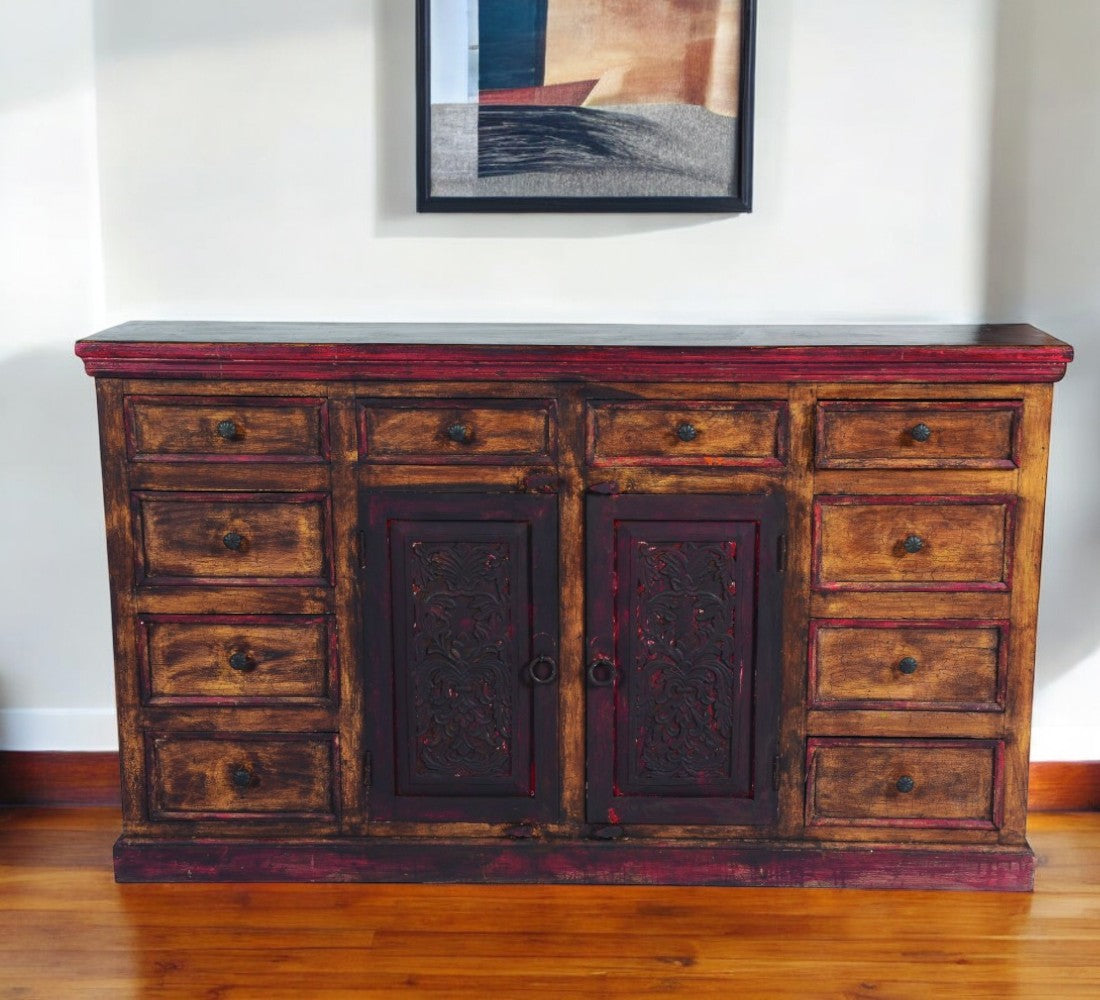 Brown Solid Wood Ten Drawer Buffet Table with Two Doors By Homeroots | Sideboards | Modishstore - 1