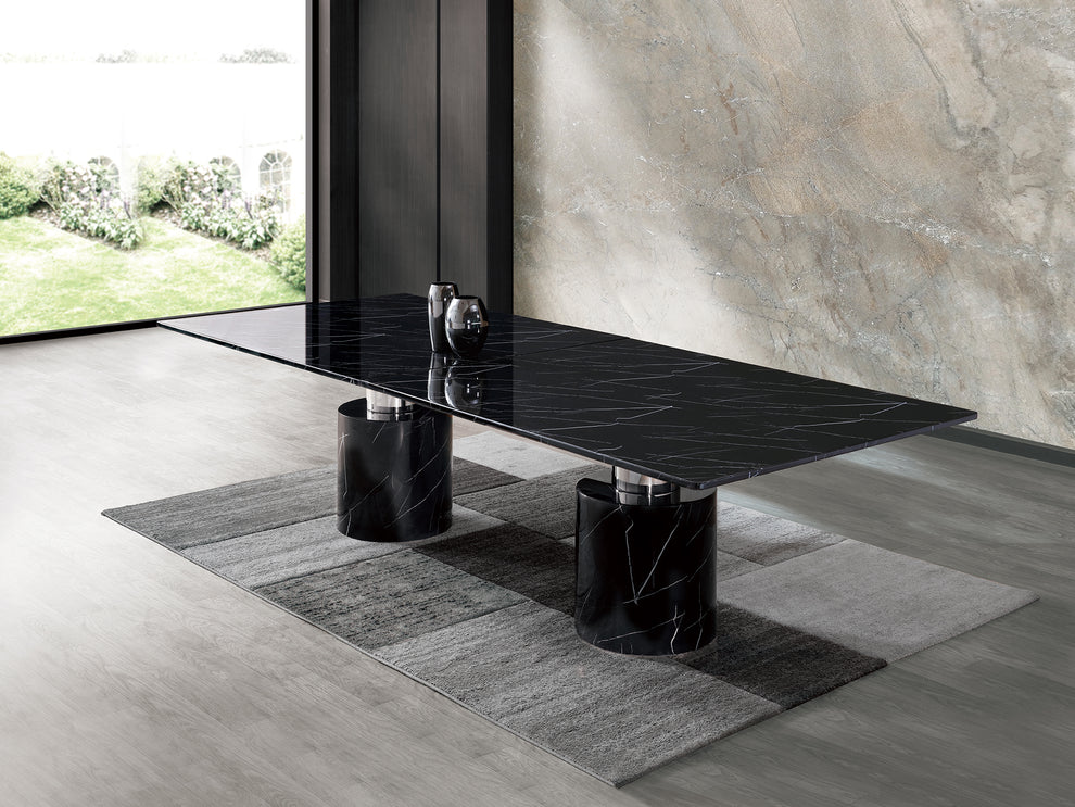 Black Marble Double Pedestal Base Dining Table By Homeroots | Dining Tables | Modishstore - 4