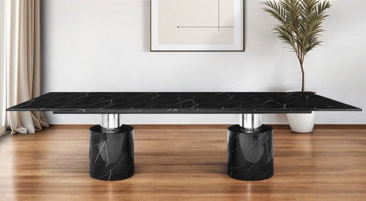 Black Marble Double Pedestal Base Dining Table By Homeroots | Dining Tables | Modishstore - 1