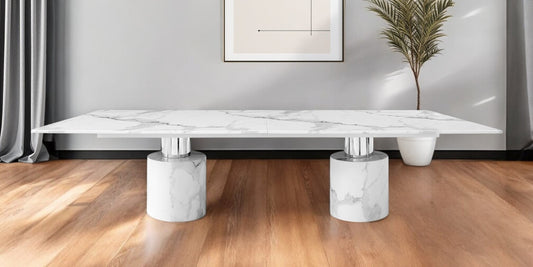 White Marble Double Pedestal Base Dining Table By Homeroots | Dining Tables | Modishstore - 1