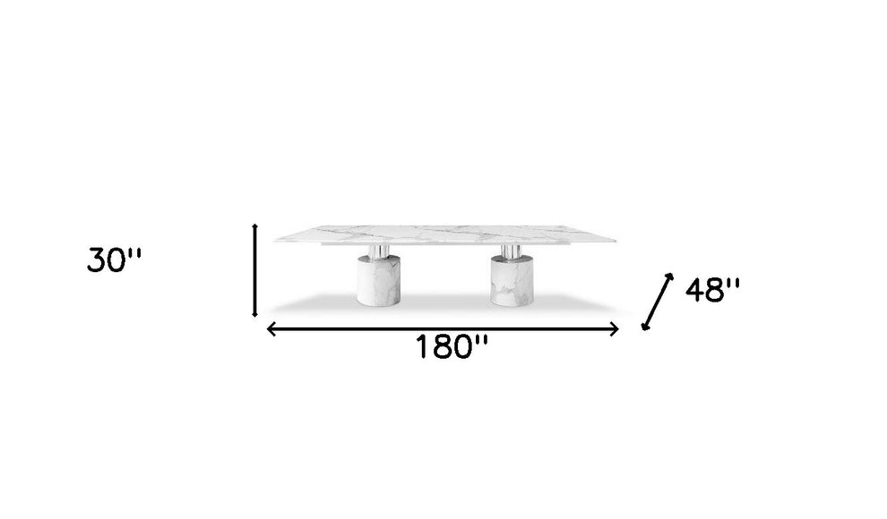 White Marble Double Pedestal Base Dining Table By Homeroots | Dining Tables | Modishstore - 4