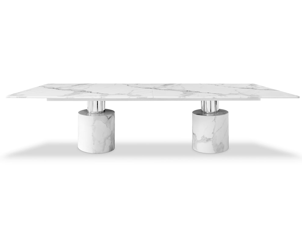 White Marble Double Pedestal Base Dining Table By Homeroots | Dining Tables | Modishstore - 3