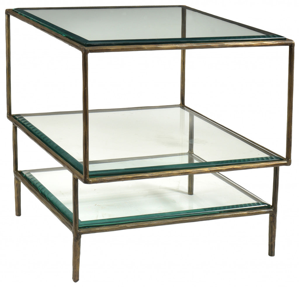 Bronze And Clear Glass And Iron Square End Table With Two Shelves By Homeroots | End Tables | Modishstore - 1