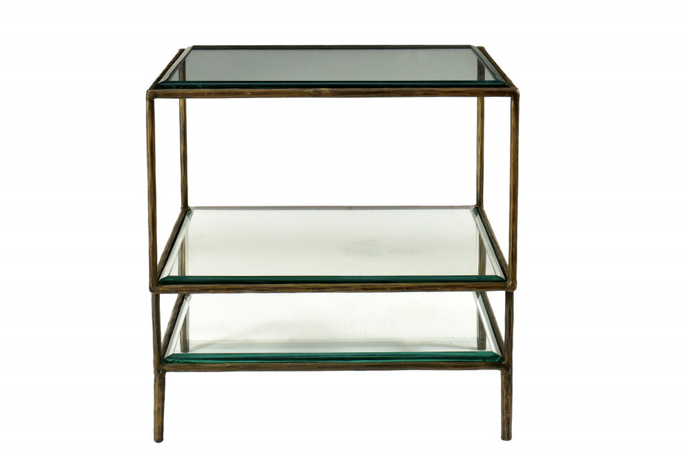 Bronze And Clear Glass And Iron Square End Table With Two Shelves By Homeroots | End Tables | Modishstore - 5