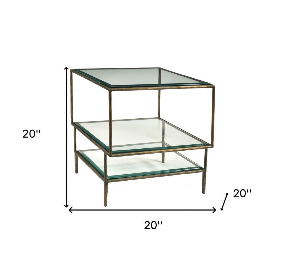 Bronze And Clear Glass And Iron Square End Table With Two Shelves By Homeroots | End Tables | Modishstore - 4
