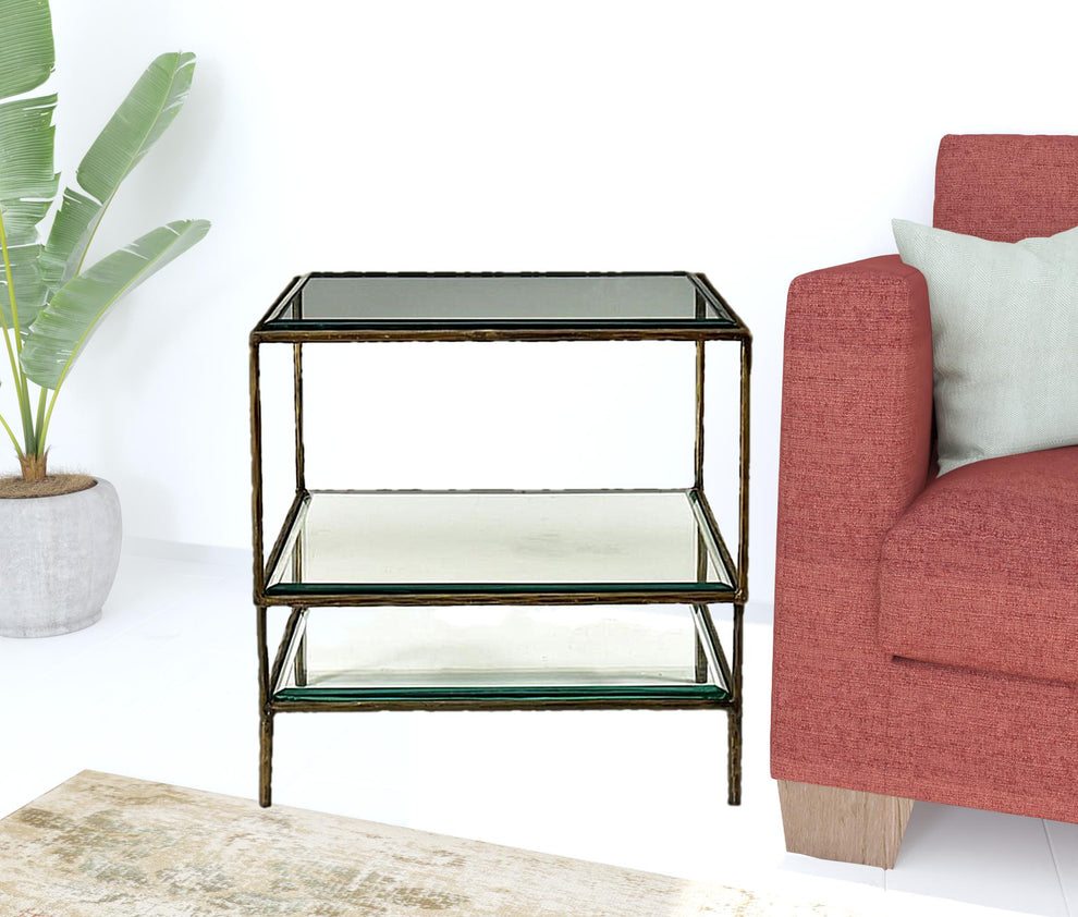 Bronze And Clear Glass And Iron Square End Table With Two Shelves By Homeroots | End Tables | Modishstore - 2
