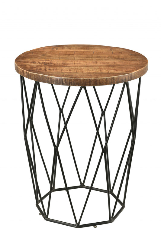Black And Natural Brown Solid Wood And Iron Round End Table By Homeroots | End Tables | Modishstore - 1