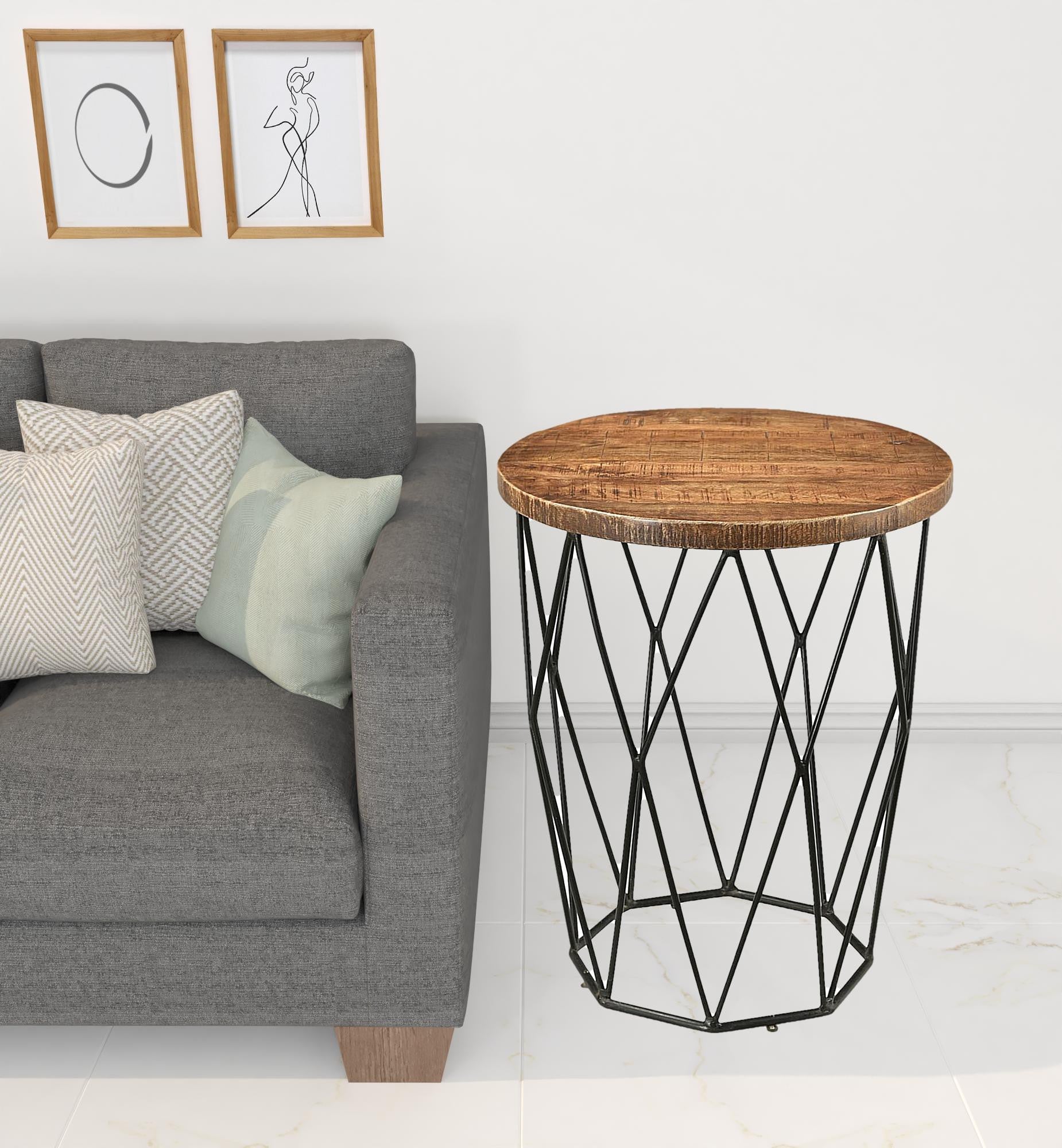 Black And Natural Brown Solid Wood And Iron Round End Table By Homeroots | End Tables | Modishstore - 2