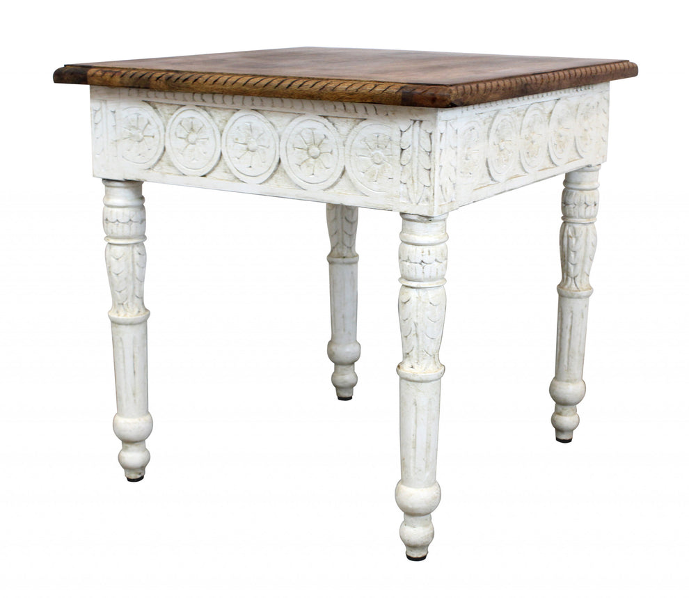 Ivory And Brown Distressed Solid Wood Square End Table By Homeroots | End Tables | Modishstore - 2