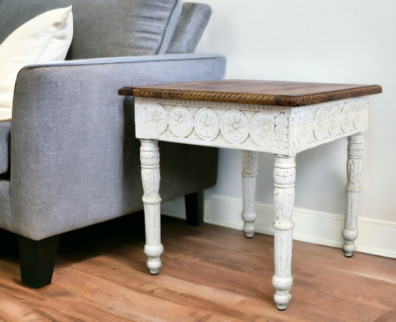 Ivory And Brown Distressed Solid Wood Square End Table By Homeroots | End Tables | Modishstore - 1
