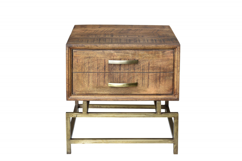 Brass And Brown Solid Wood And Iron Square End Table With Drawer By Homeroots | End Tables | Modishstore - 2