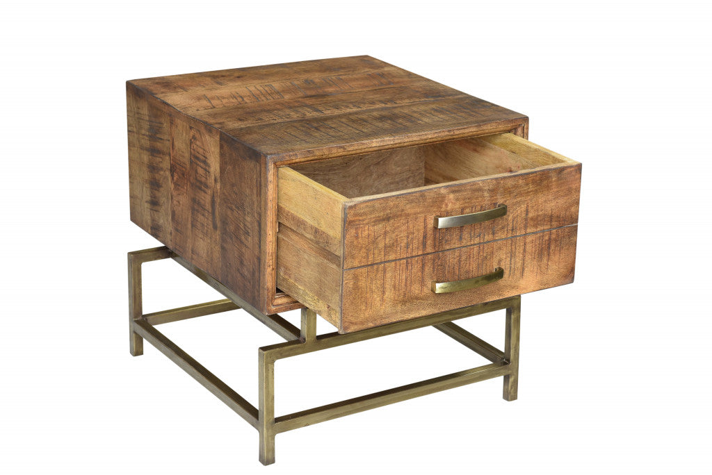Brass And Brown Solid Wood And Iron Square End Table With Drawer By Homeroots | End Tables | Modishstore - 3