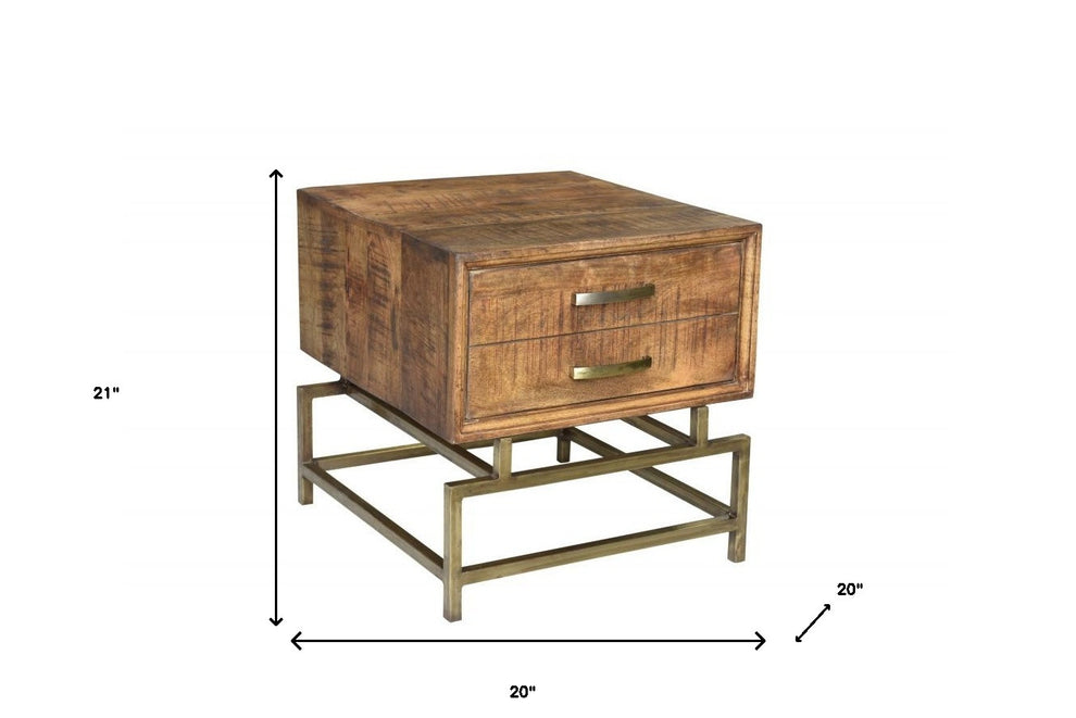 Brass And Brown Solid Wood And Iron Square End Table With Drawer By Homeroots | End Tables | Modishstore - 5