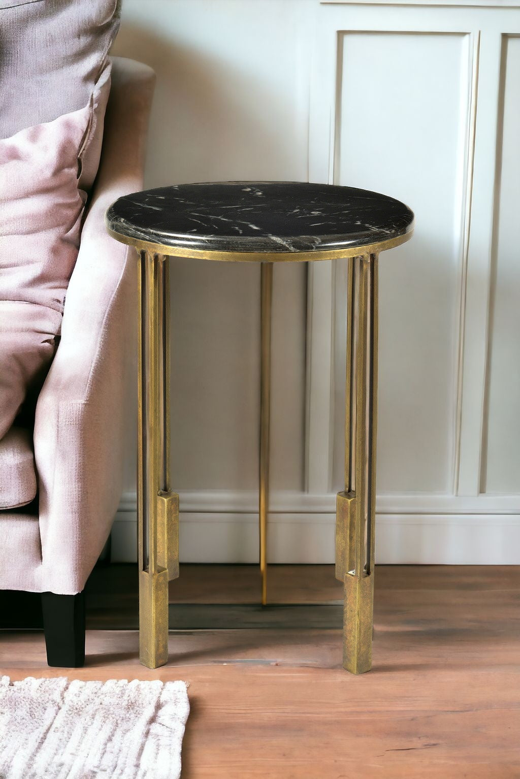 Gold And Black Marble And Iron Round End Table By Homeroots | End Tables | Modishstore - 2