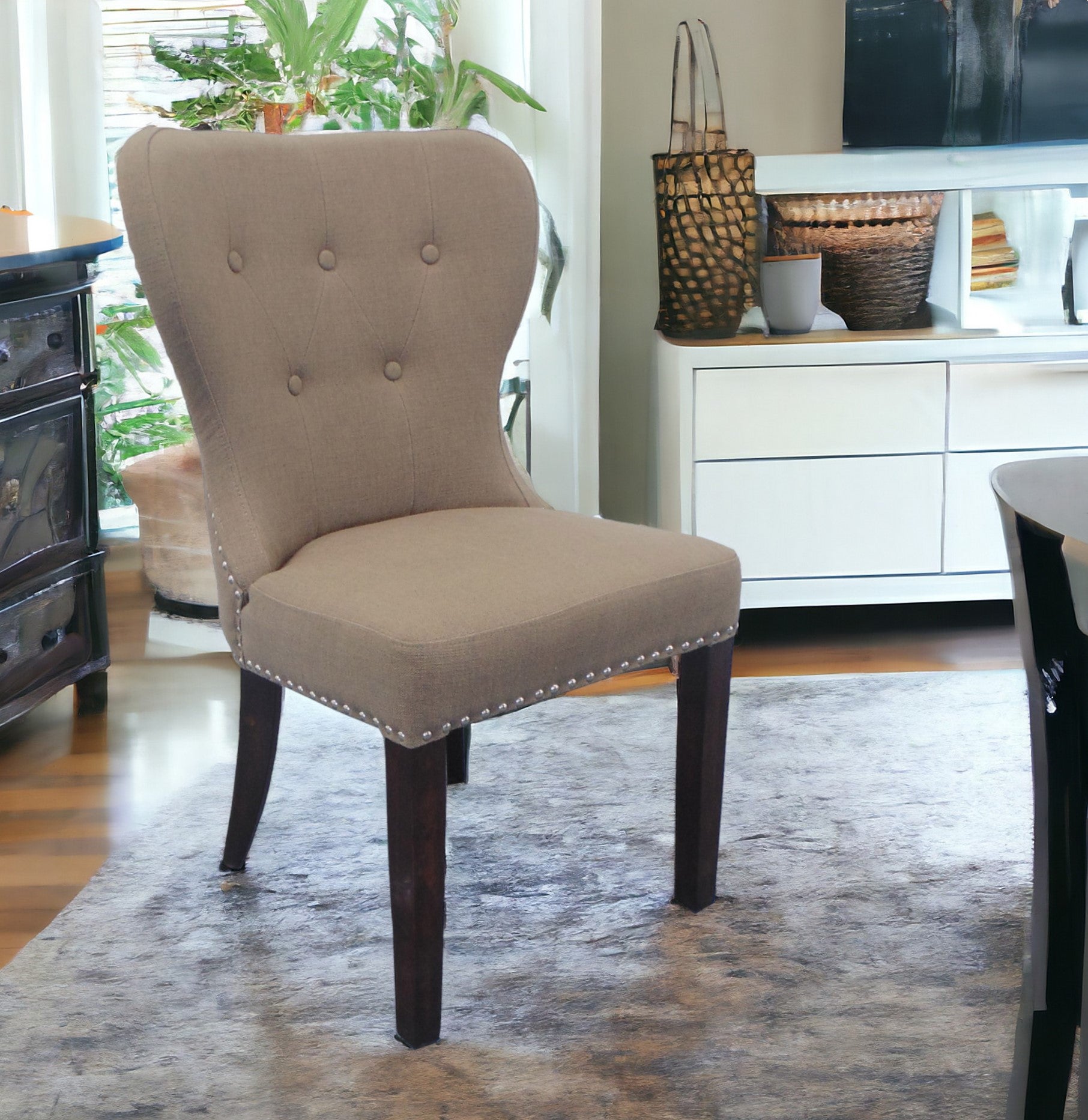 Taupe And Dark Brown Linen Tufted Side Chair By Homeroots | Accent Chairs | Modishstore - 5