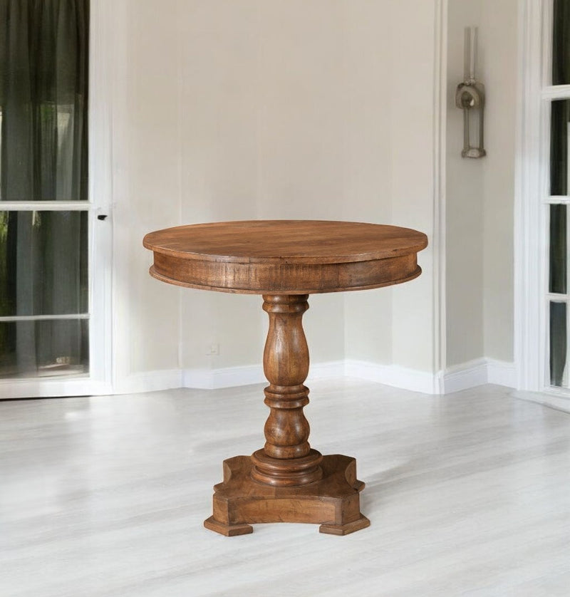 Wood Brown Rounded Solid Wood Pedestal Base Dining Table By Homeroots | Dining Tables | Modishstore - 1
