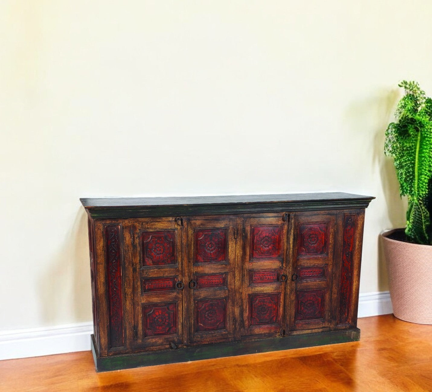Brown and Black Solid Wood Buffet Table with Four Doors By Homeroots | Sideboards | Modishstore - 1