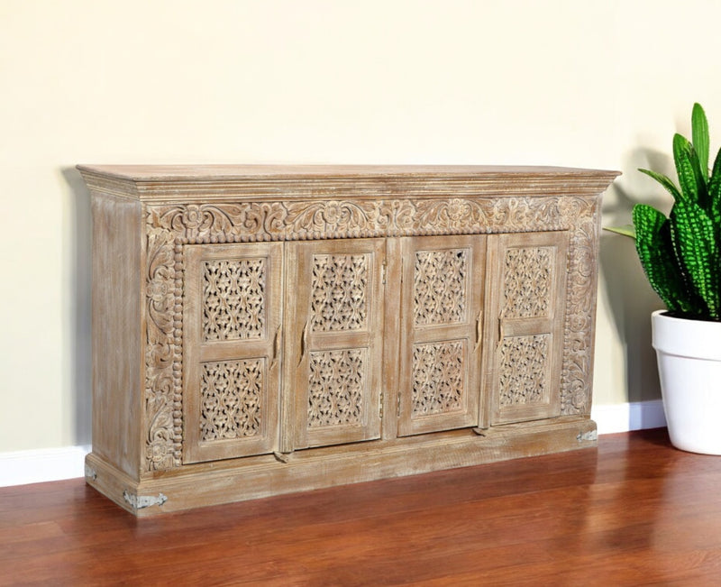 Light Brown Solid Wood Sideboard with Four Doors By Homeroots | Sideboards | Modishstore - 1