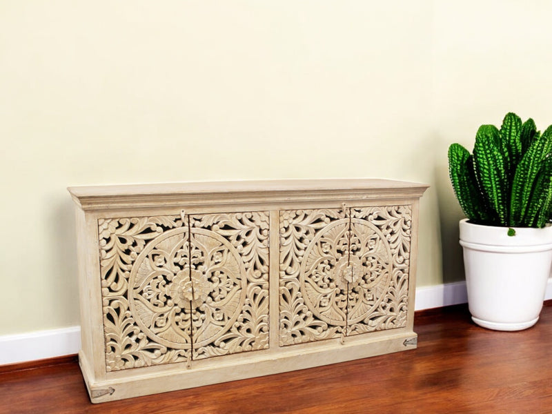 Beige Solid Wood Sideboard with Four Doors By Homeroots | Sideboards | Modishstore - 1