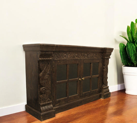 Brown Solid Wood Sideboard with Two Glass Doors By Homeroots | Sideboards | Modishstore - 1