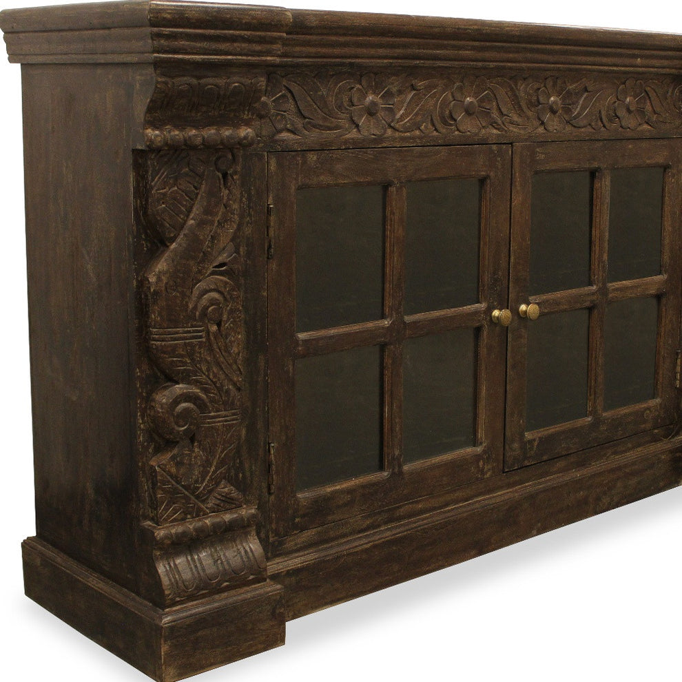 Brown Solid Wood Sideboard with Two Glass Doors By Homeroots | Sideboards | Modishstore - 2