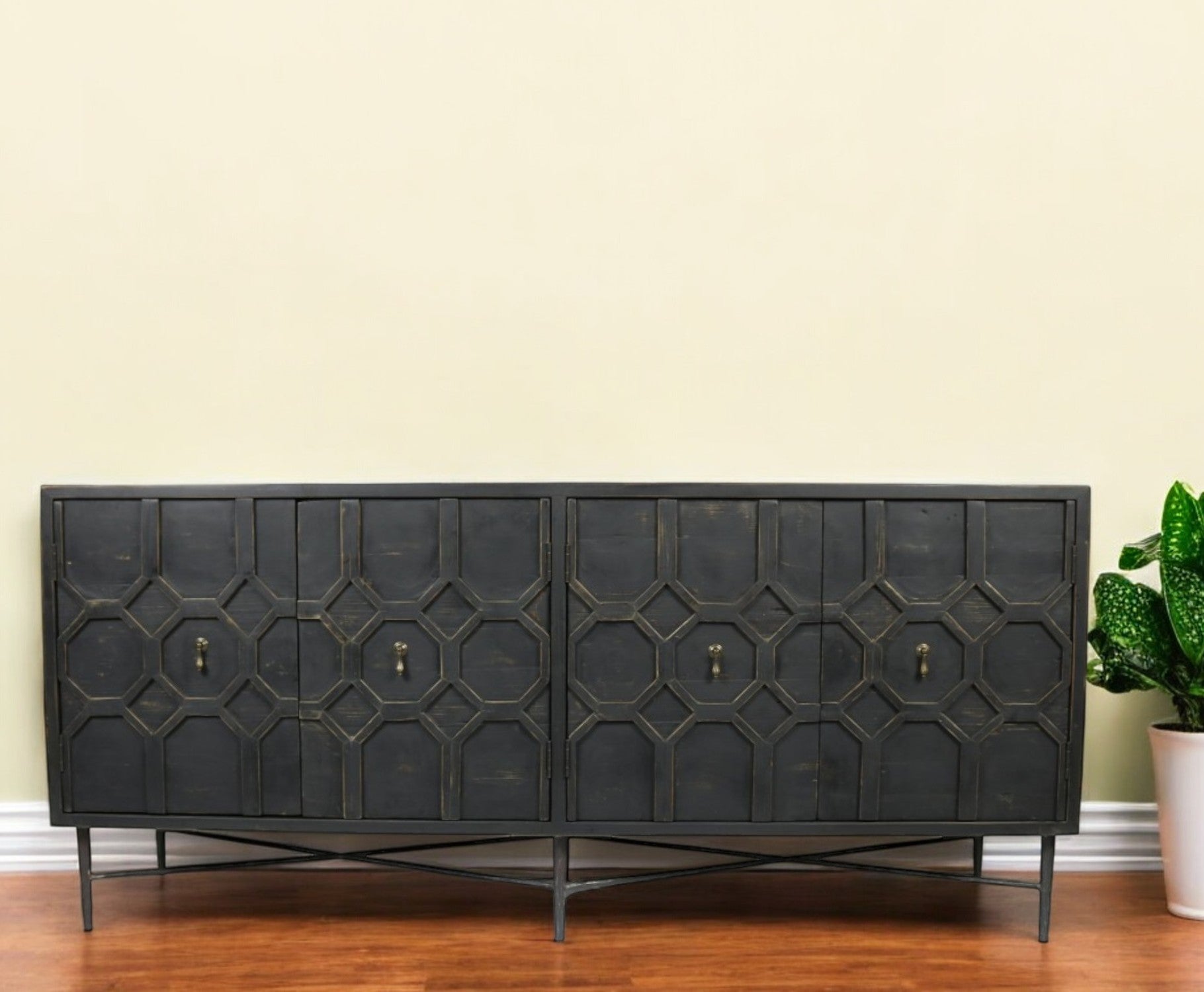 Black Solid Wood Sideboard with Four Doors By Homeroots | Sideboards | Modishstore - 1