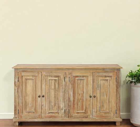 Distressed Natural Solid Wood Sideboard with Four Doors By Homeroots | Sideboards | Modishstore - 1