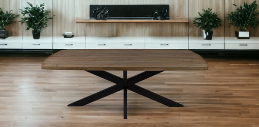 Natural And Black Solid Wood And Iron Pedestal Base Dining Table By Homeroots | Dining Tables | Modishstore - 1