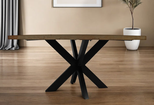 Natural And Black Rounded Solid Wood And Iron Pedestal Base Dining Table By Homeroots | Dining Tables | Modishstore - 1