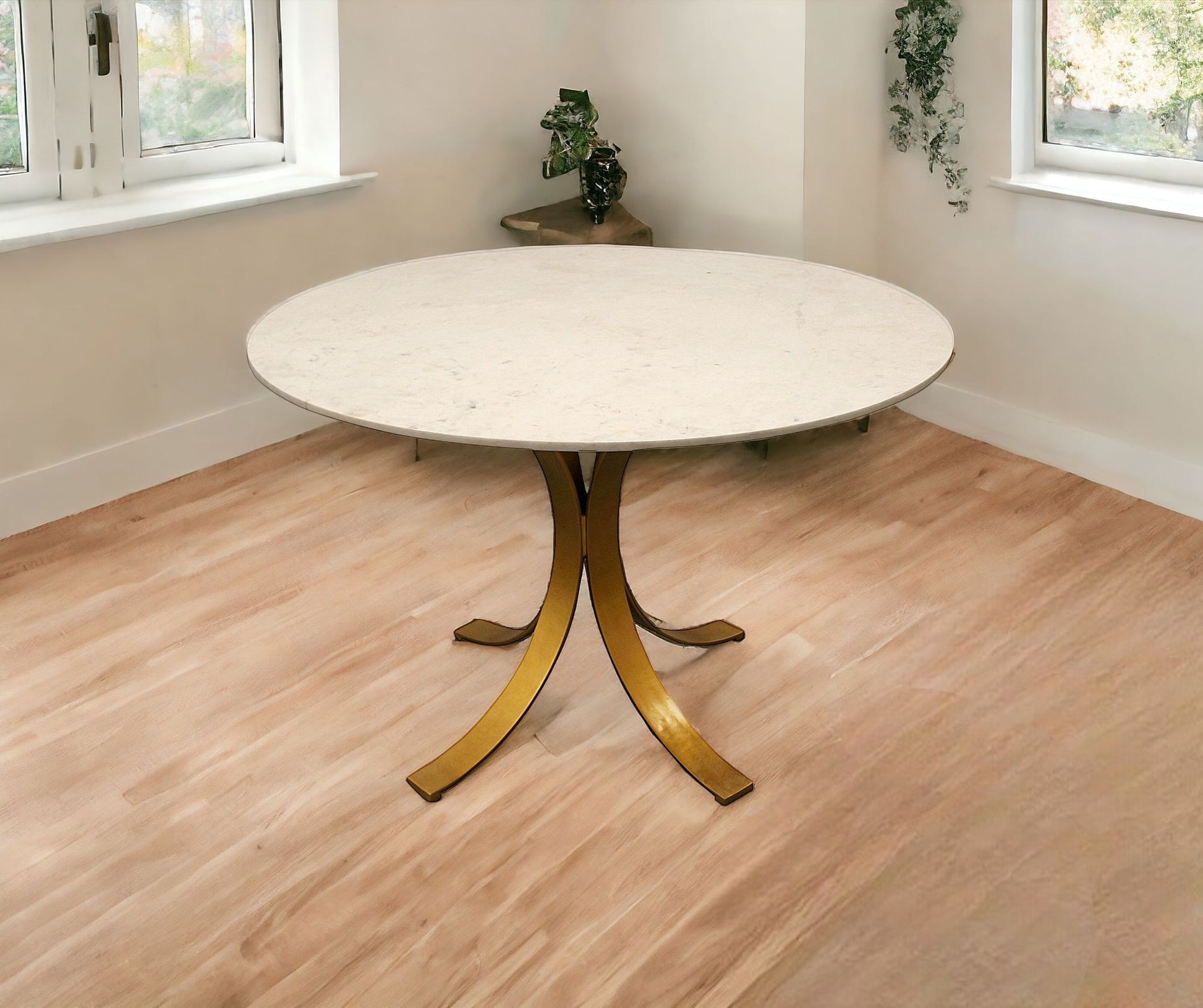 Ivory And Brass Rounded Marble And Iron Pedestal Base Dining Table By Homeroots | Dining Tables | Modishstore - 1
