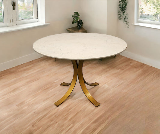 Ivory And Brass Rounded Marble And Iron Pedestal Base Dining Table By Homeroots | Dining Tables | Modishstore - 1