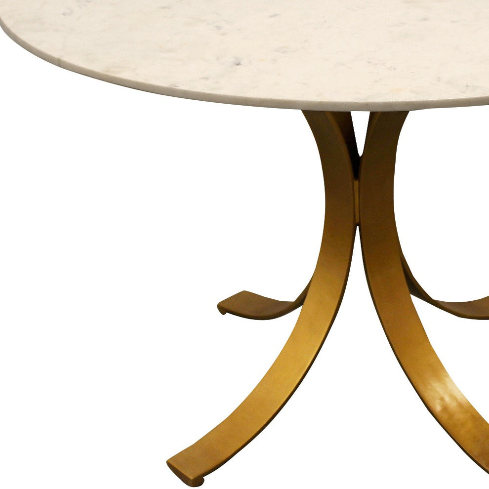 Ivory And Brass Rounded Marble And Iron Pedestal Base Dining Table By Homeroots | Dining Tables | Modishstore - 5