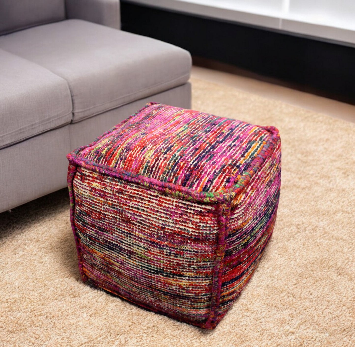 Pink Wool Cube Pouf Ottoman By Homeroots | Ottomans | Modishstore - 1
