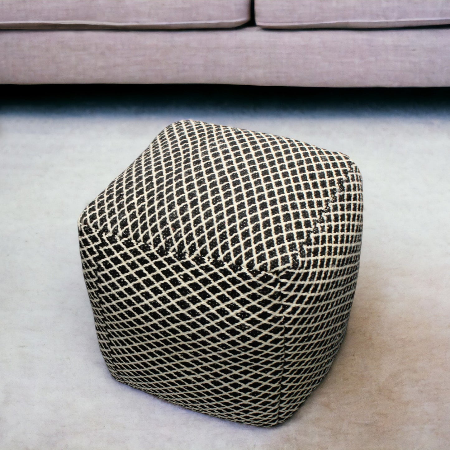 Black and Ivory Wool Cube Geometric Pouf Ottoman By Homeroots | Ottomans | Modishstore - 1