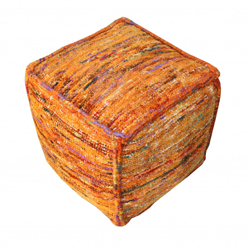 Orange Recycled Silk and Cotton Blend Cube Pouf Ottoman By Homeroots | Ottomans | Modishstore - 2