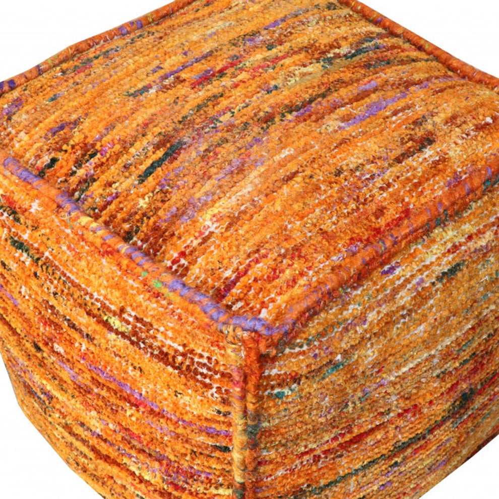 Orange Recycled Silk and Cotton Blend Cube Pouf Ottoman By Homeroots | Ottomans | Modishstore - 3