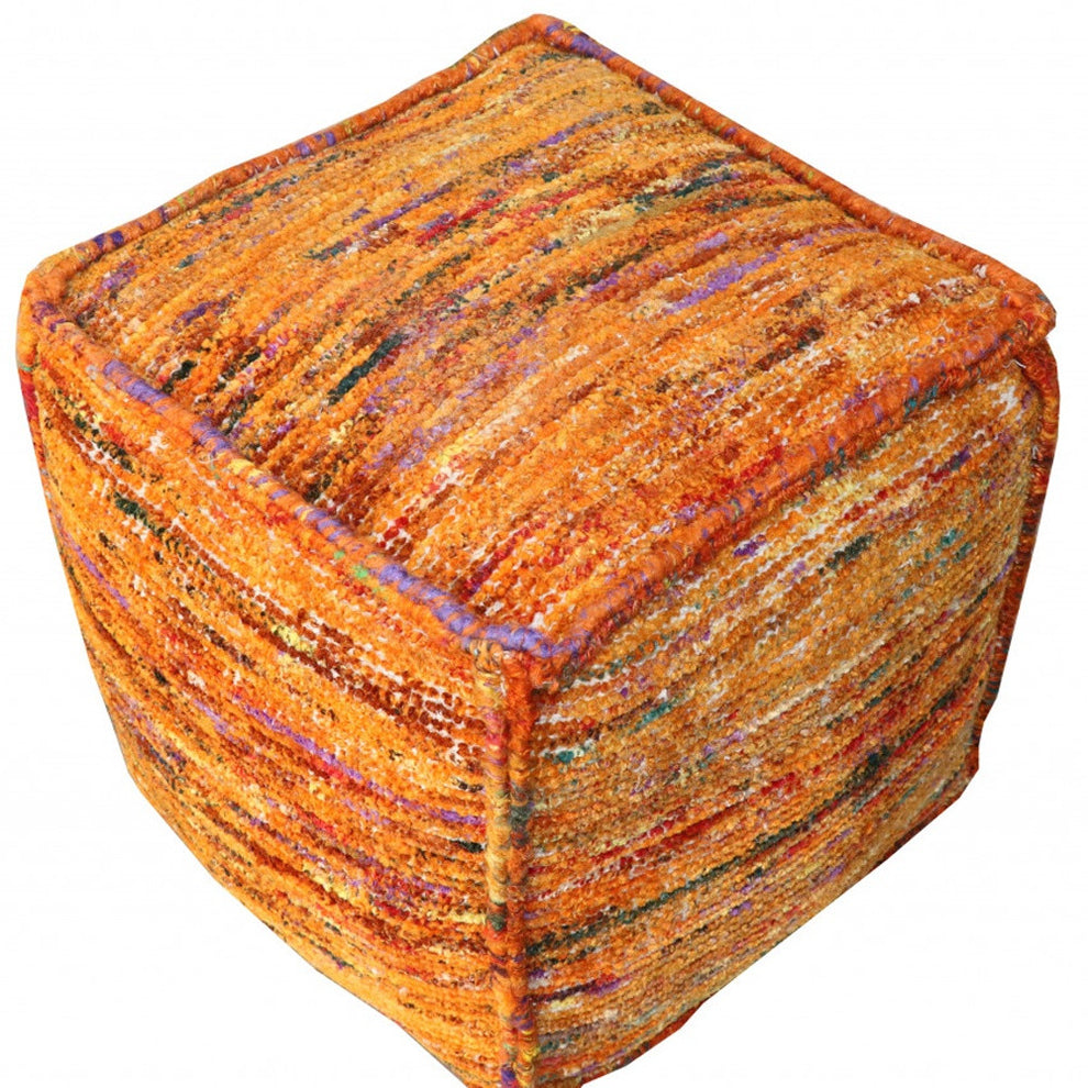 Orange Recycled Silk and Cotton Blend Cube Pouf Ottoman By Homeroots | Ottomans | Modishstore - 4