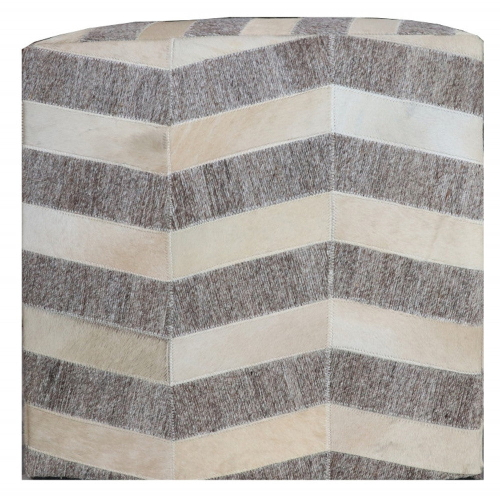 Gray and Beige Hair on Hide Cube Chevron Pouf Ottoman By Homeroots | Ottomans | Modishstore - 3