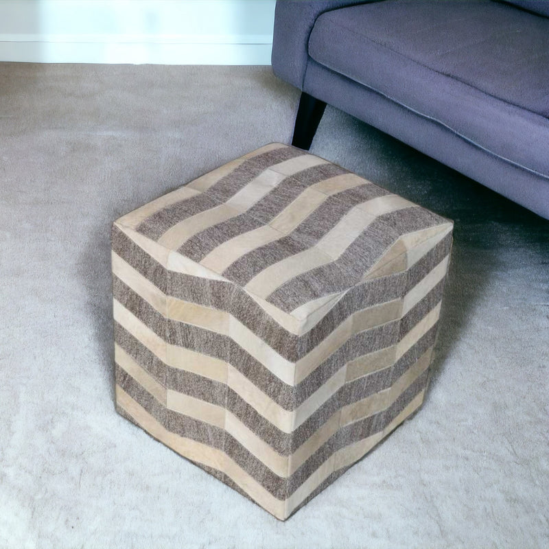 Gray and Beige Hair on Hide Cube Chevron Pouf Ottoman By Homeroots | Ottomans | Modishstore - 1