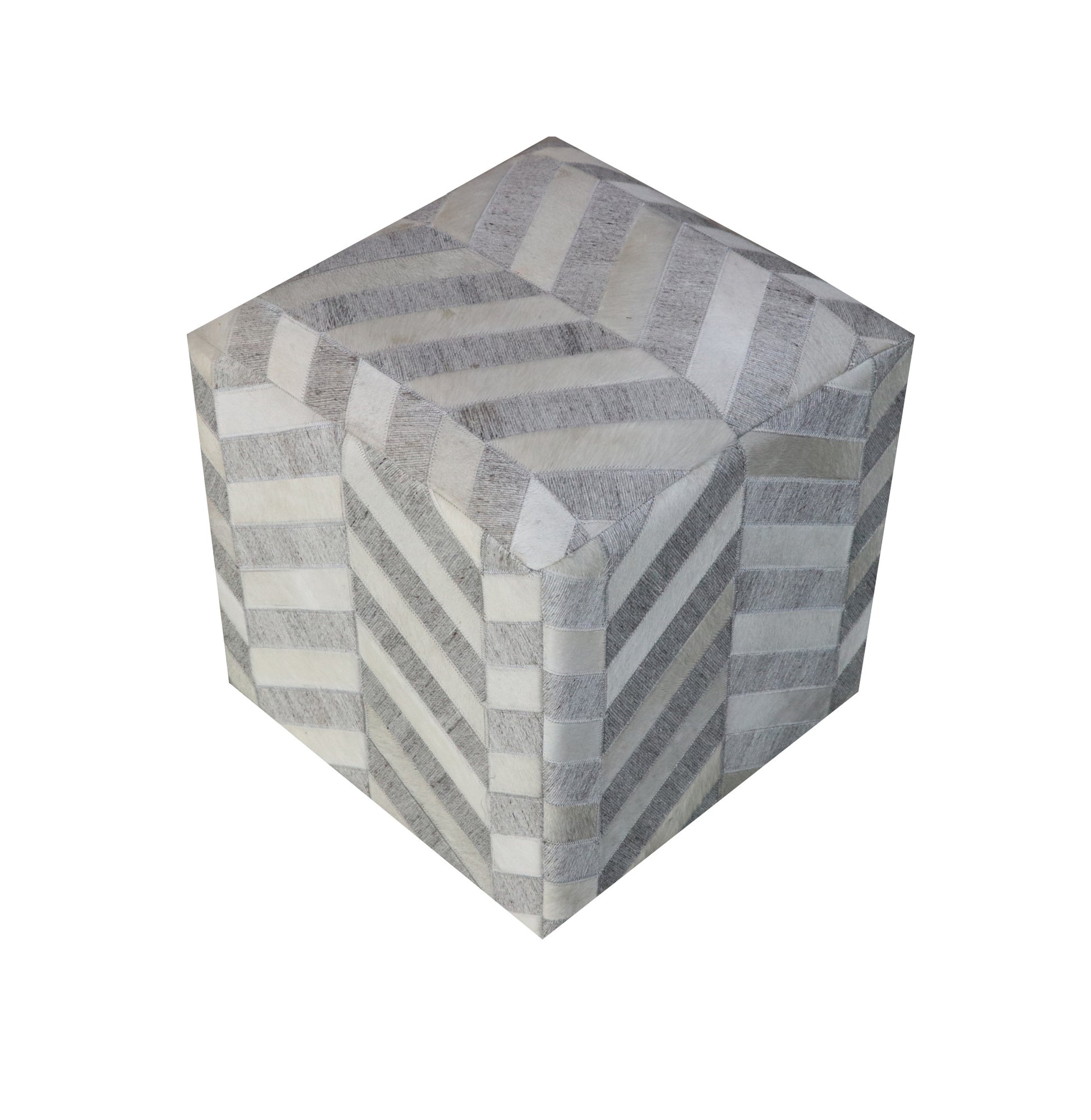 Gray and Ivory Hair on Hide Cube Chevron Pouf Ottoman By Homeroots | Ottomans | Modishstore - 2
