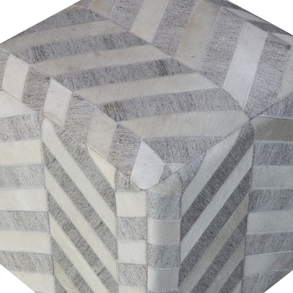 Gray and Ivory Hair on Hide Cube Chevron Pouf Ottoman By Homeroots | Ottomans | Modishstore - 5