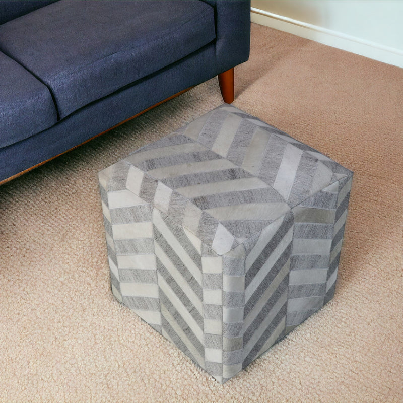 Gray and Ivory Hair on Hide Cube Chevron Pouf Ottoman By Homeroots | Ottomans | Modishstore - 1