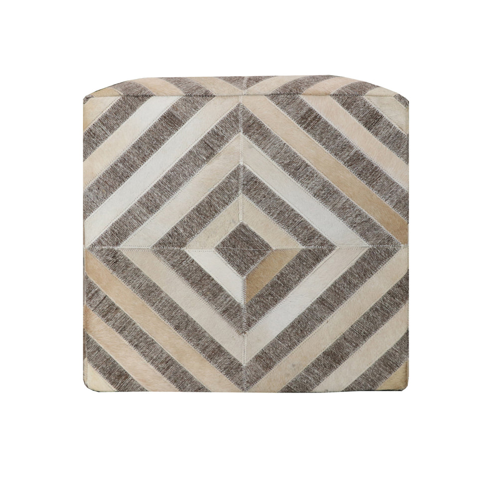 Gray and Beige Hair on Hide Cube Geometric Pouf Ottoman By Homeroots | Ottomans | Modishstore - 3