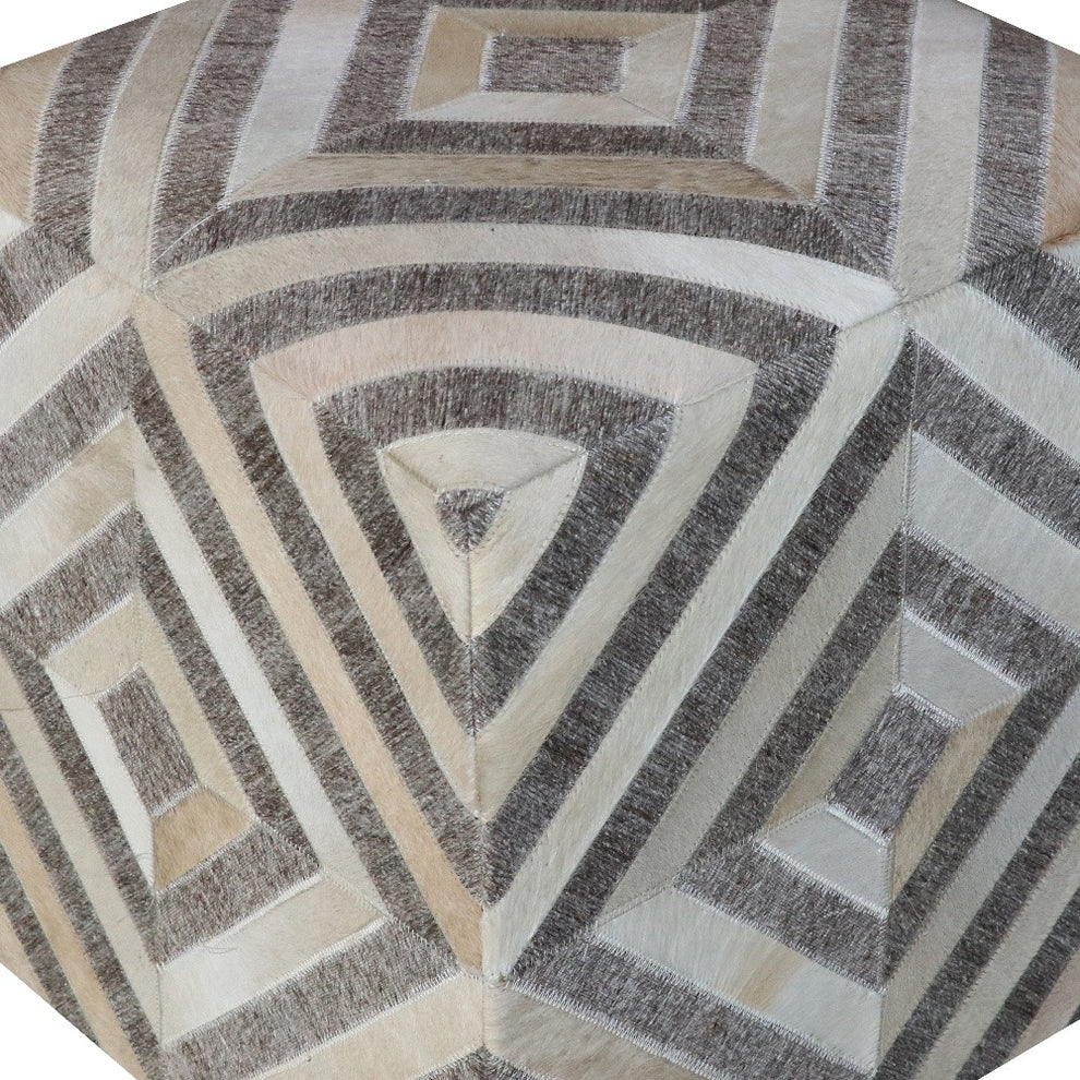 Gray and Beige Hair on Hide Cube Geometric Pouf Ottoman By Homeroots | Ottomans | Modishstore - 5