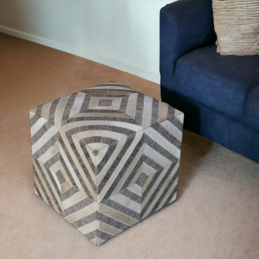 Gray and Beige Hair on Hide Cube Geometric Pouf Ottoman By Homeroots | Ottomans | Modishstore - 1