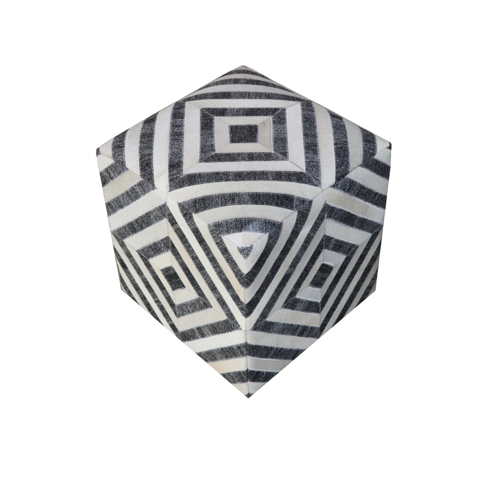 Dark Gray and Ivory Hair on Hide Cube Geometric Pouf Ottoman By Homeroots | Ottomans | Modishstore - 2