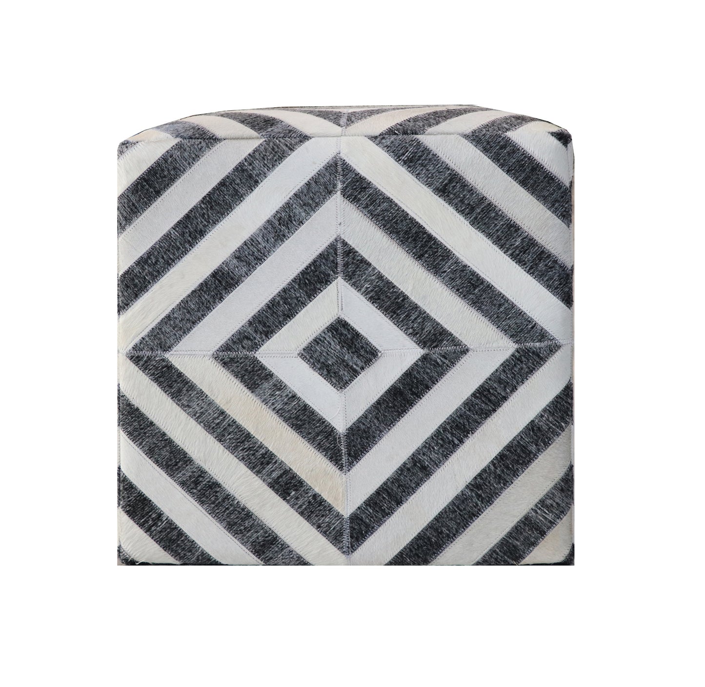 Dark Gray and Ivory Hair on Hide Cube Geometric Pouf Ottoman By Homeroots | Ottomans | Modishstore - 3